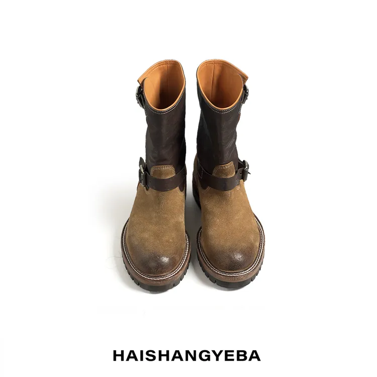 【海上叶爸】新款2025秋冬百搭植柔胎牛反绒中筒骑士靴