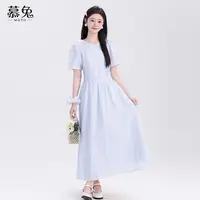 慕兔法式温柔风短袖连衣裙女2025夏季新款小个子收腰显瘦a字裙子
