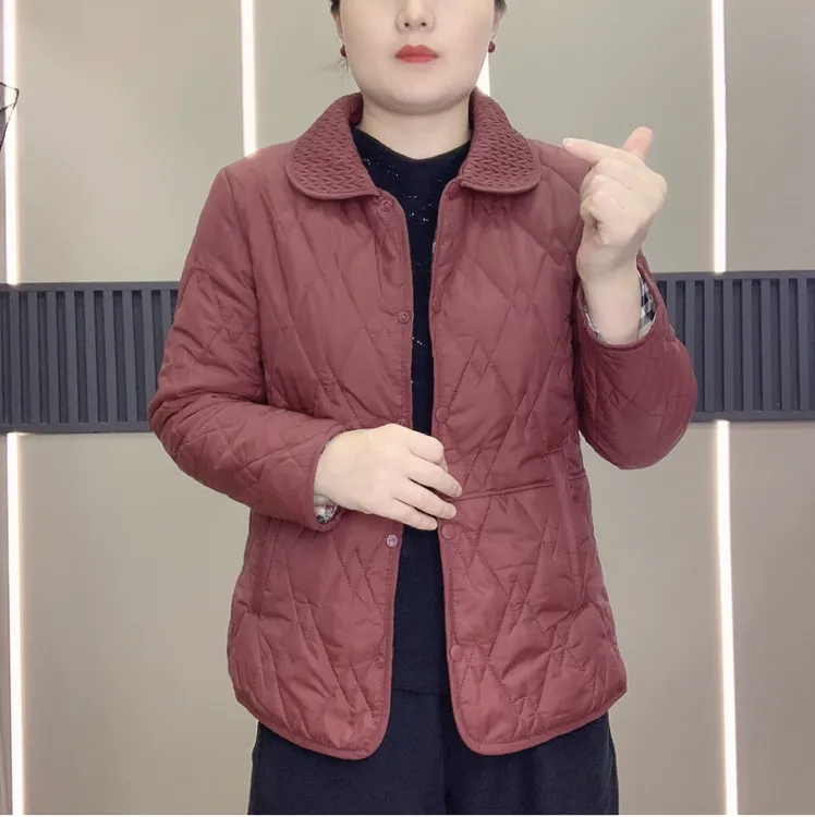 妈妈装新款轻薄短款纯色压线翻领小棉袄女士棉服686