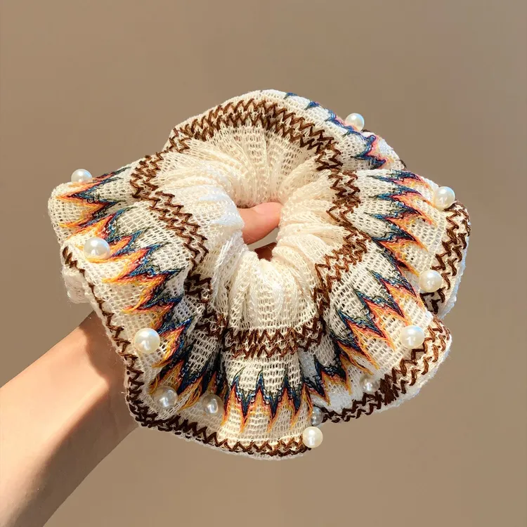 高级感毛线针织撞色珍珠大肠发圈女秋冬超大号扎头发头绳气质头饰