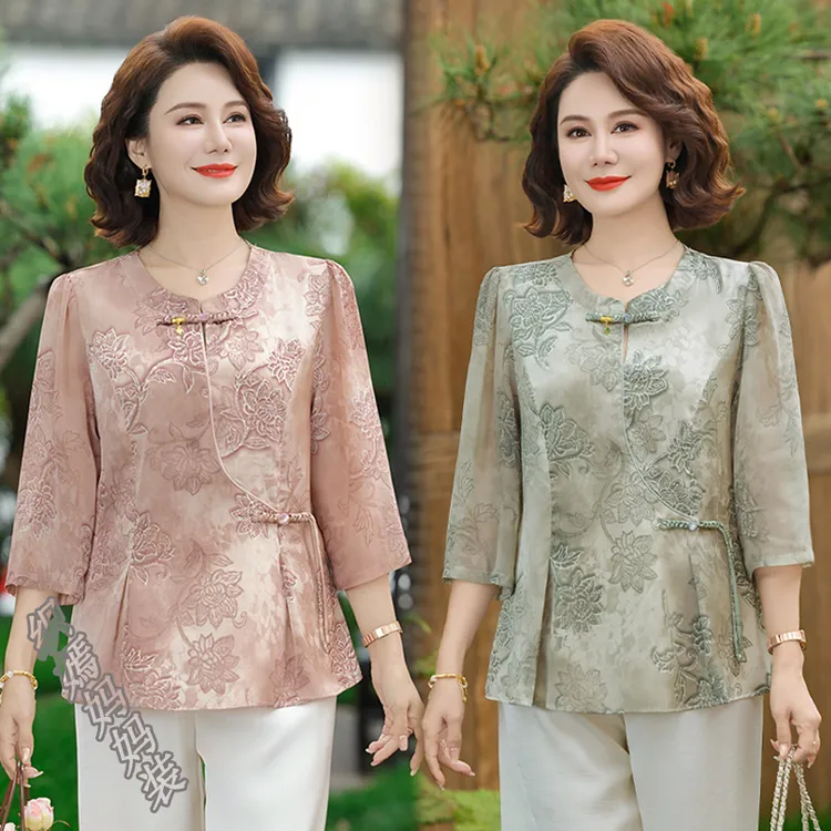 新中式妈妈春夏装立领印薄款小衫中老年女装宽松显瘦时尚两件套