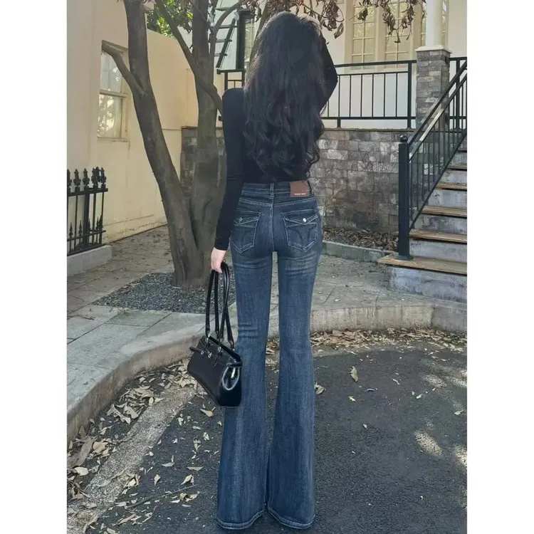 美式高腰雾霾蓝色微喇牛仔裤女秋冬新款百搭马蹄裤2025年喇叭裤