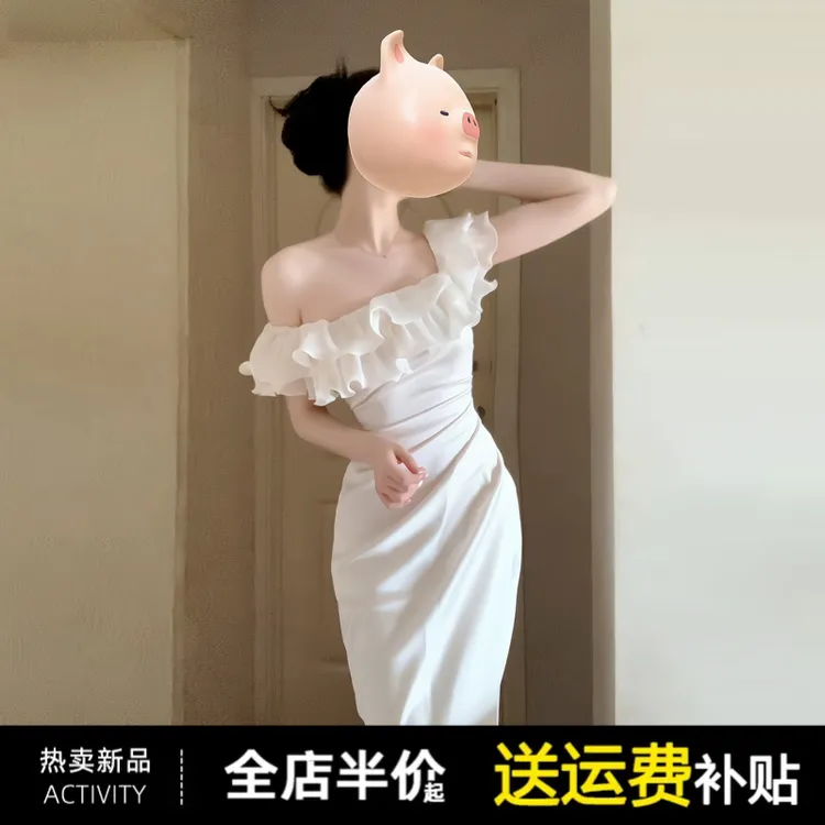 2025新款白色一字肩连衣裙子女夏季穿搭海边度假风高级感收腰长裙