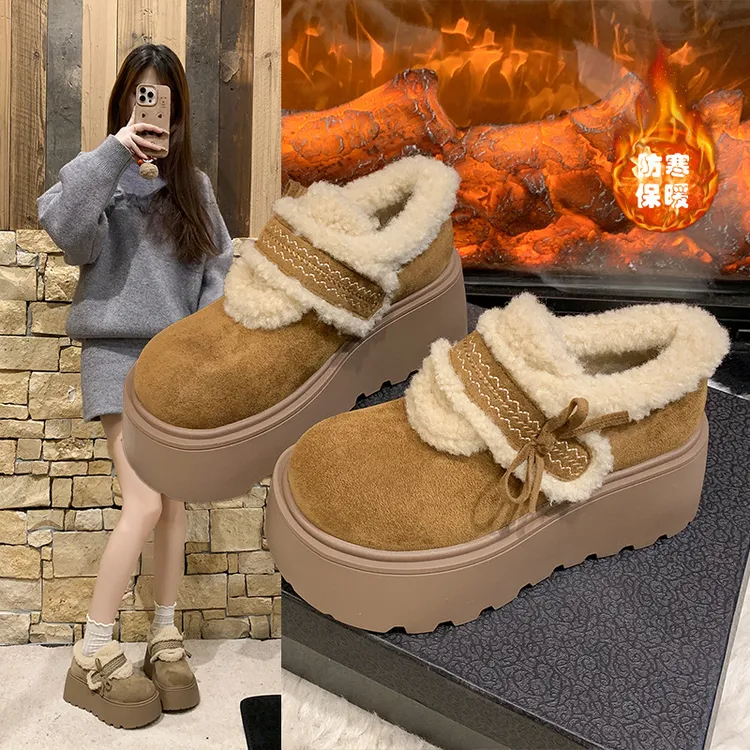 小个子加绒勃肯棉鞋女2025新款百搭时尚增高蝴蝶结洋气毛毛鞋
