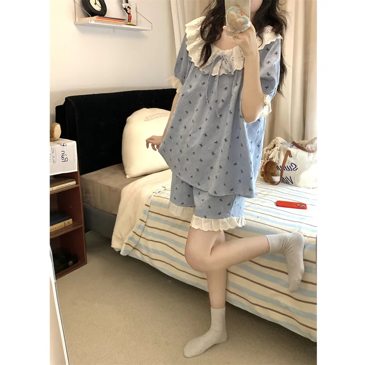 夏季公主风薄款纯棉睡衣女100%全棉甜美宽松圆领可外穿家居服套装