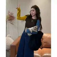 女装撞色长袖t恤秋季新款胖mm遮肚显瘦超好看小上衣5105