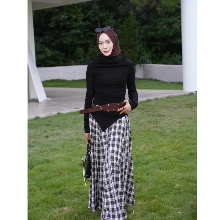 乙丝玛拼色格子连衣裙假两件个性独特