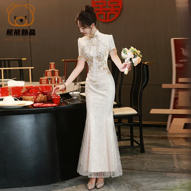 香槟色旗袍晚礼服女双12新款显瘦主持人宴会毕业艺考敬酒服鱼yd