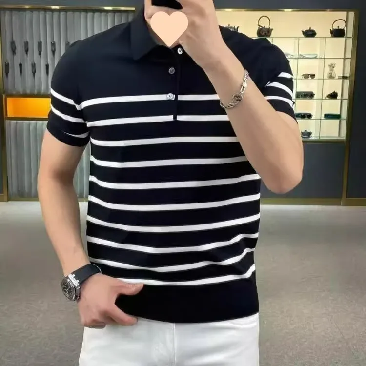 潮流男士冰丝短袖POLO衫2025新款夏季轻熟风个性条纹翻领针织t恤