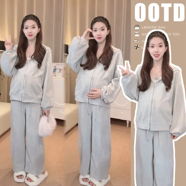 【因为爱】孕妇连帽外套加厚慵懒风宽松美式复古上衣休闲裤套装