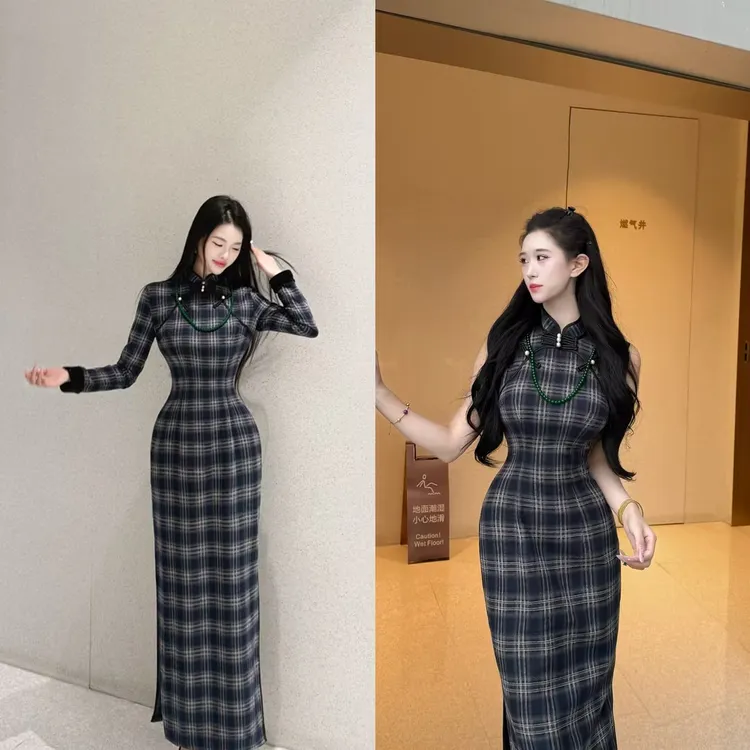 LHMknk1画报夫人秋冬气质显白厚款显瘦旗袍 蓝调格子 特价不退换