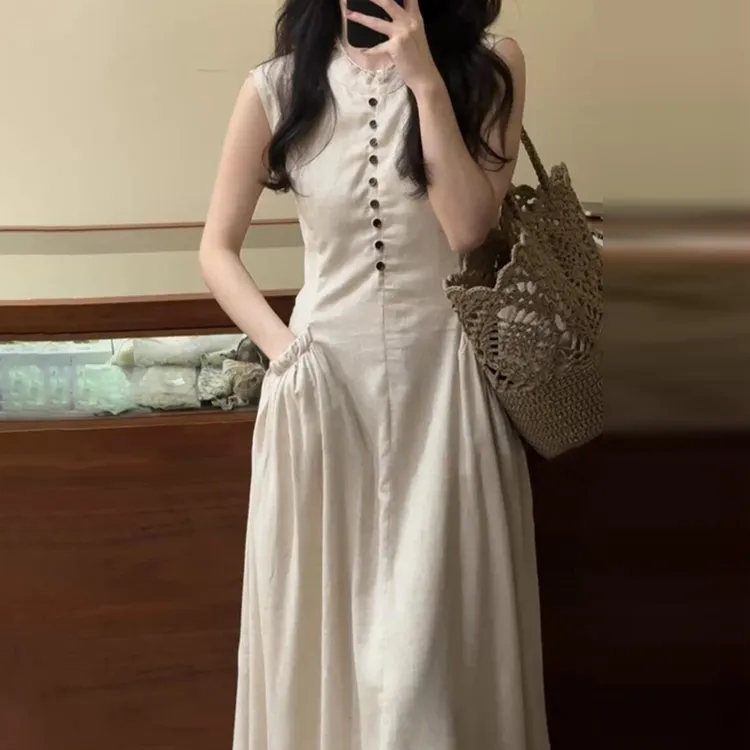 法式气质白色无袖背心连衣裙子女夏季2025新款收腰显瘦长裙3638