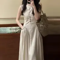 韩版高腰度假纯色连衣裙亚麻纯欲今年流行漂亮裙子女2025夏季3638