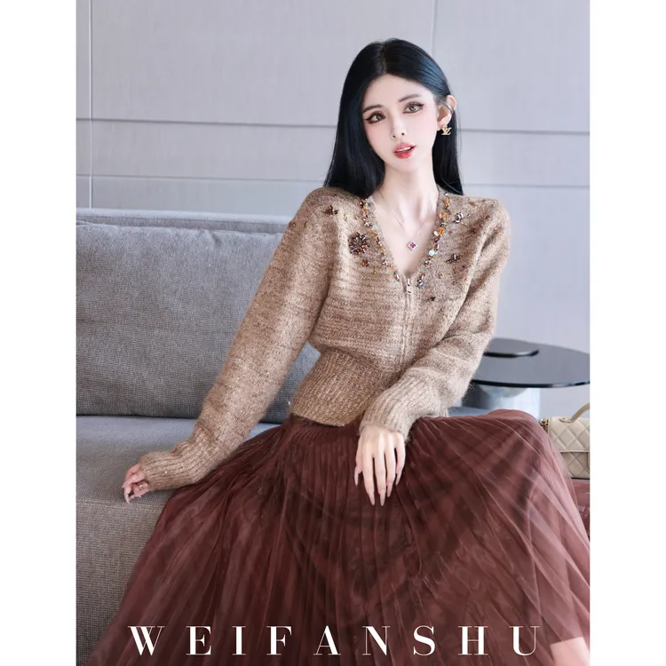 WEIFANSHU/魏凡舒【提拉米苏】早秋新款名媛千金感圆领针织毛衣开衫