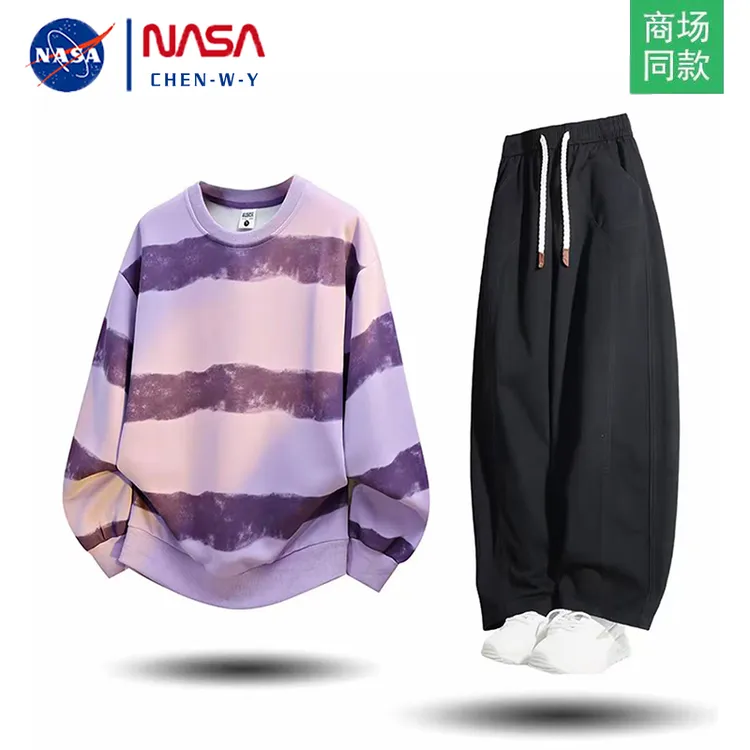 NASA美式大码圆领卫衣长裤休闲套装男士春秋季潮流运动宽松两件套