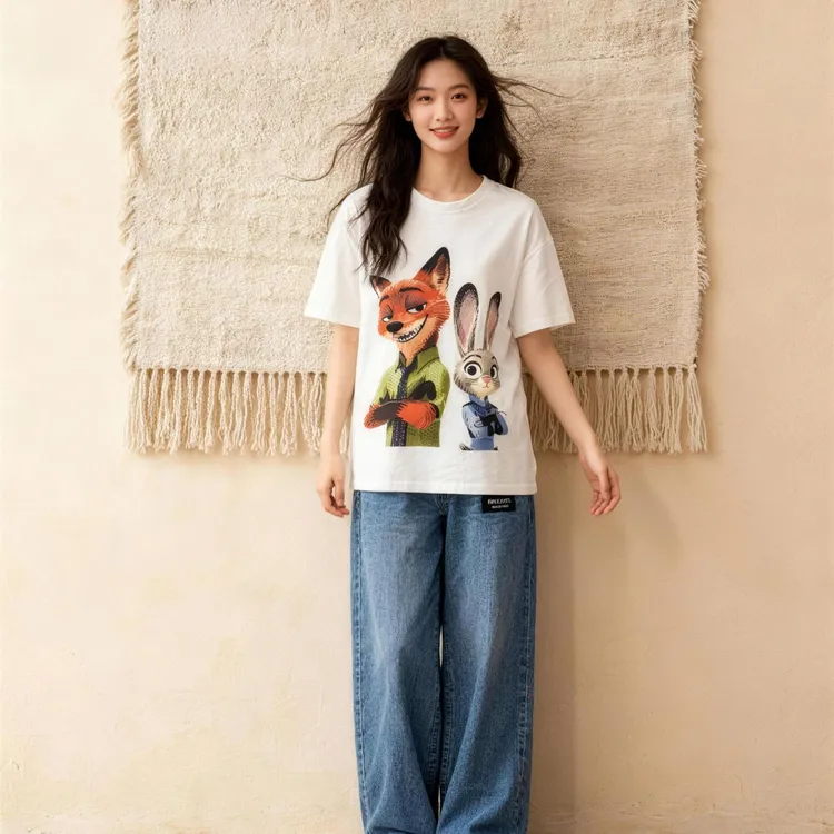 爆款卡通风短袖女卡通印花T恤休闲白色独特漂亮小衫打底衫女内搭