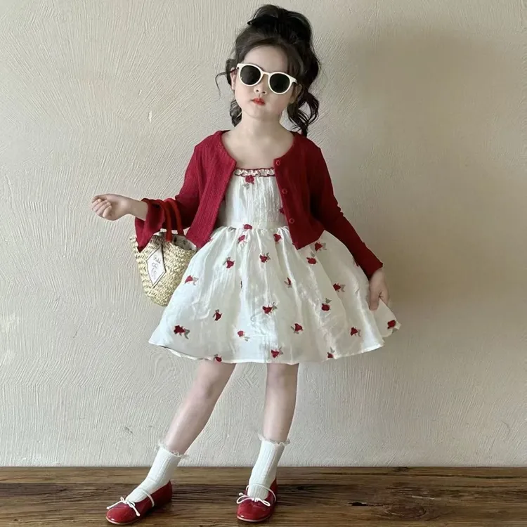 女童春装红色碎花吊带裙连衣裙2025春夏新款女孩针织