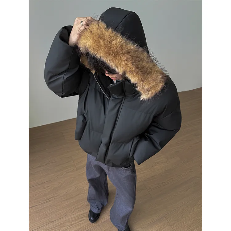 可拆卸毛领PU皮棉服夹克男款加厚冬季美式高领小众设计感连帽棉袄