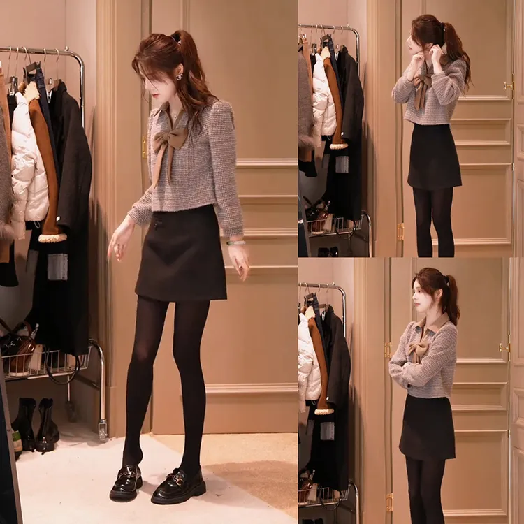时尚千金风套装女2025新款气质长袖上衣百搭短裙两件套