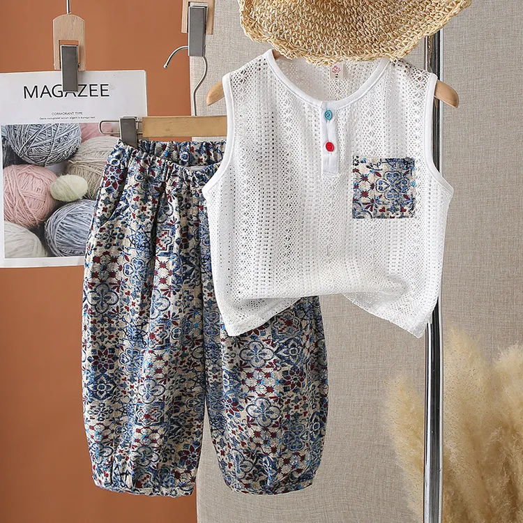 男童夏季无袖背心套装帅气男孩防蚊裤薄款2025新款儿童夏装花裤子