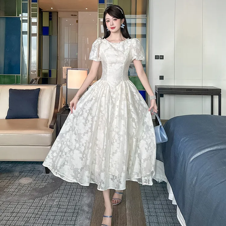 婷婷衣恋70826夏季新款时尚法式气质设计感甜圆领收腰显瘦连衣裙