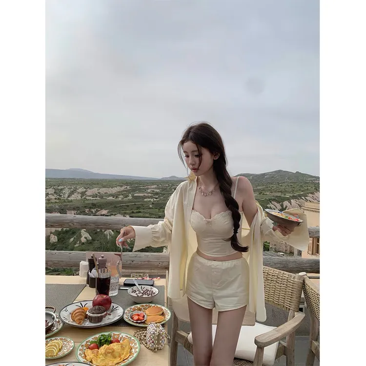 吊带背心女装夏装套装2025新款爆款洋气衣服防晒长袖衬衫高腰短裤