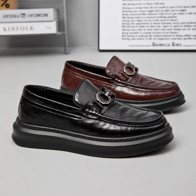 新款男鞋豆豆鞋懒人一脚蹬厚底轻质乐福鞋皮面商务低帮休闲皮鞋男