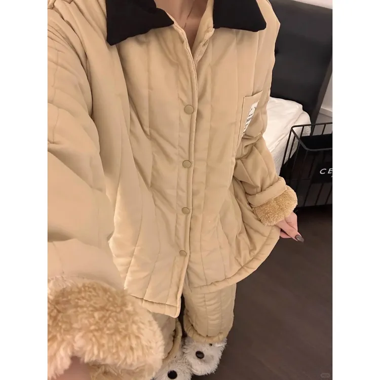 韩版甜美少女纯色三层夹棉睡衣女新款棉服加厚家居服套装可外穿