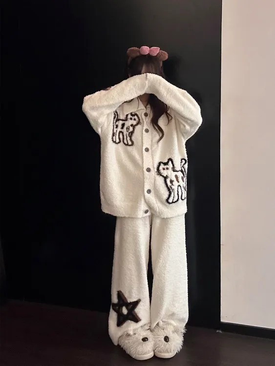 韩版软糯豹纹半边绒睡衣女秋冬季新款宽松针织开衫家居服加厚套装