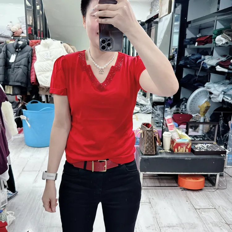 韩货高档丝光棉2色2款特色领口上衣8940/8941夏季洋气短款红色