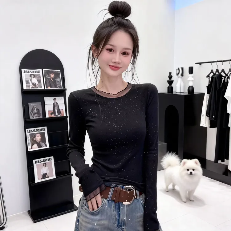 大码韩系圆领网纱徳绒打底衫女秋冬内搭微胖修身设计感亮片上衣