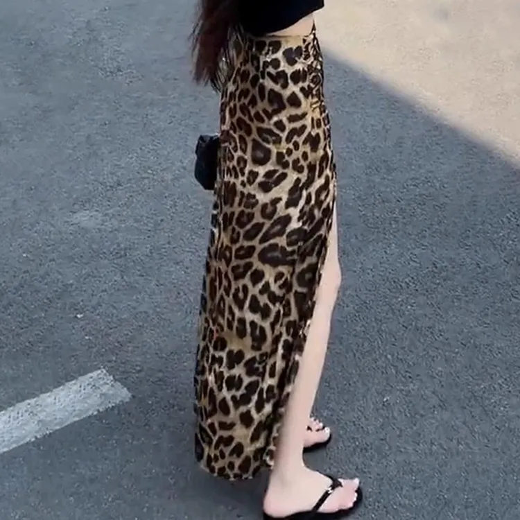 美式豹纹缎面开叉半身裙女夏季a字醋酸半裙2025新款中长款包臀裙