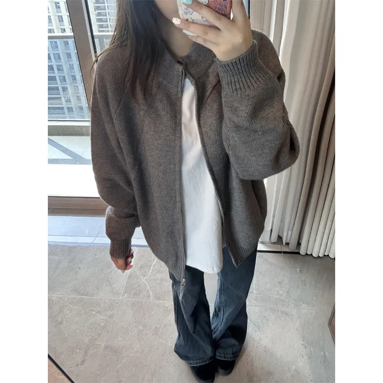 cleanfit麻灰色开衫毛衣男秋冬季慵懒风针织衫高级感痞帅立领外套