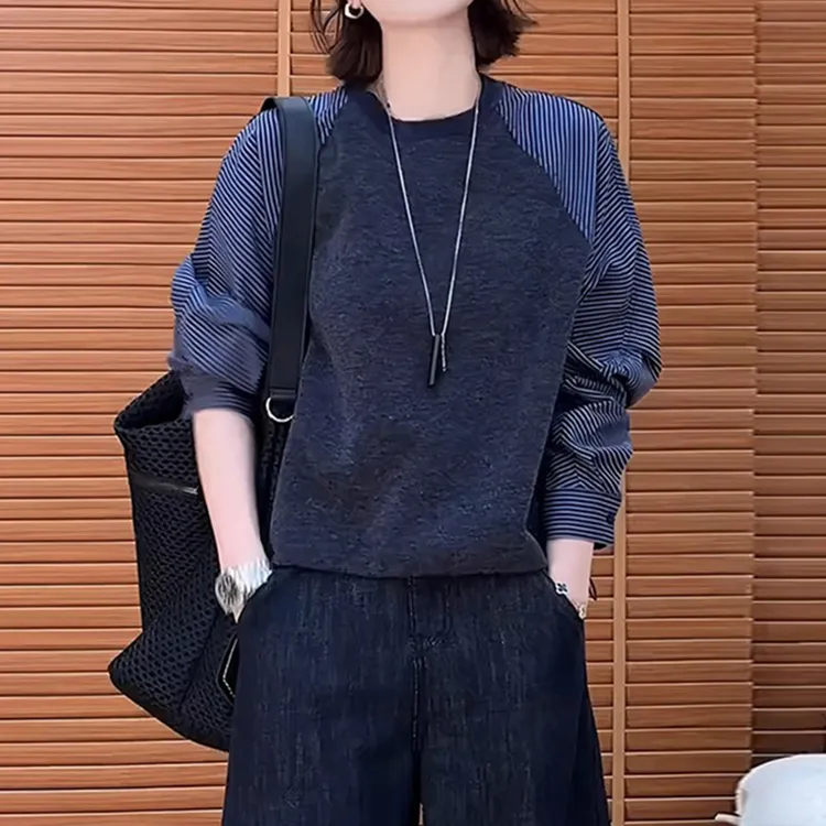 港风小众设计感条纹拼接圆领长袖早秋新款时尚潮流宽松藏肉上衣女