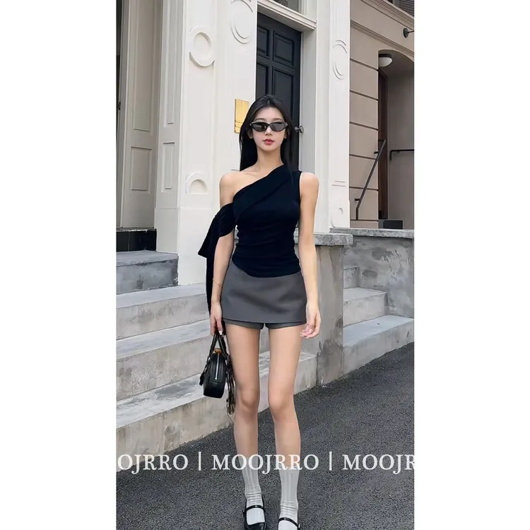 飘带一字肩短袖T恤女夏设计感小众法式气质修身显瘦短款别致上衣