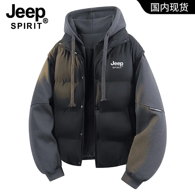 JEEPSPIRIT吉普冬季假两件休闲棉服男女款加厚保暖连帽棉衣外套男