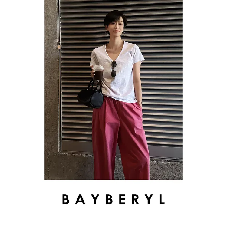 领券-BAYBERYL老贝竹节T*卷边显瘦刺绣舒适V领短袖T恤NT5E1221