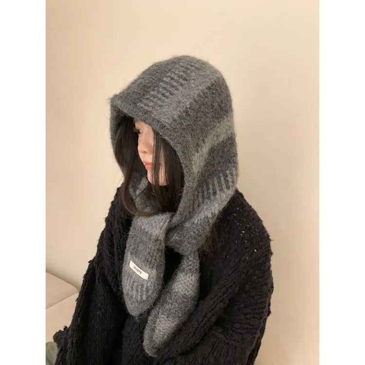 ins韩国巴拉克拉法帽女秋冬条纹保暖围巾帽子一体羊毛针织毛线帽