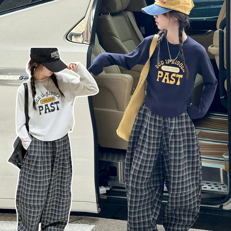 女童字母抽绳T格子裤+T恤卫衣套装儿童洋气童装韩版两件套时尚求