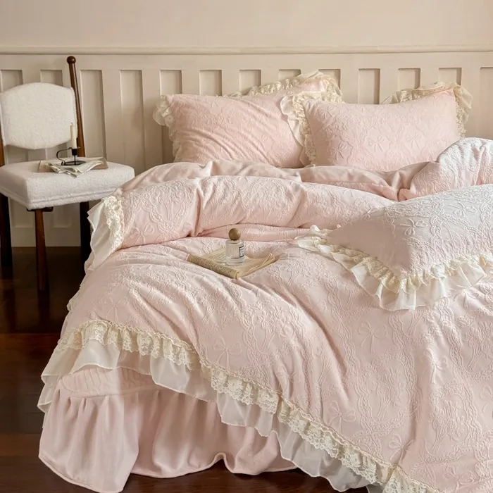 蕾丝花边仙女款冬季加厚牛奶绒雕花绒欧式公主风四件套床裙