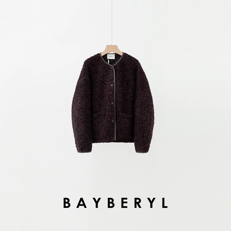 CC09-BAYBERYL老贝紫圈圈肌理感拼皮排扣时尚圆领秋外套MF5G0129-