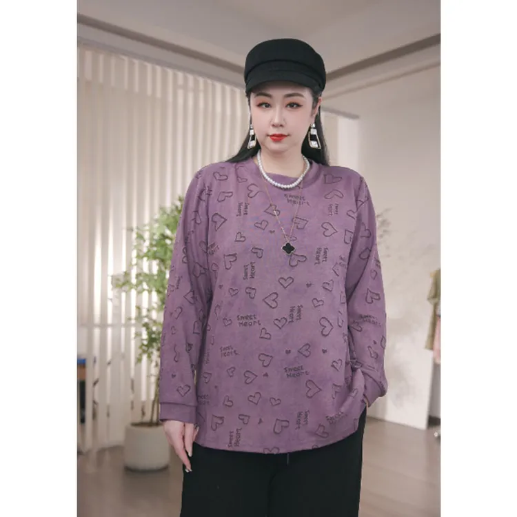 大码女装常规款透气圆领宽松型长袖极简风大码T恤