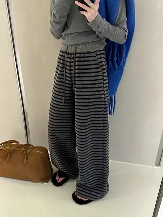 条纹阔腿裤女高腰显瘦直筒高个子加长慵懒风百搭抽绳休闲裤82503