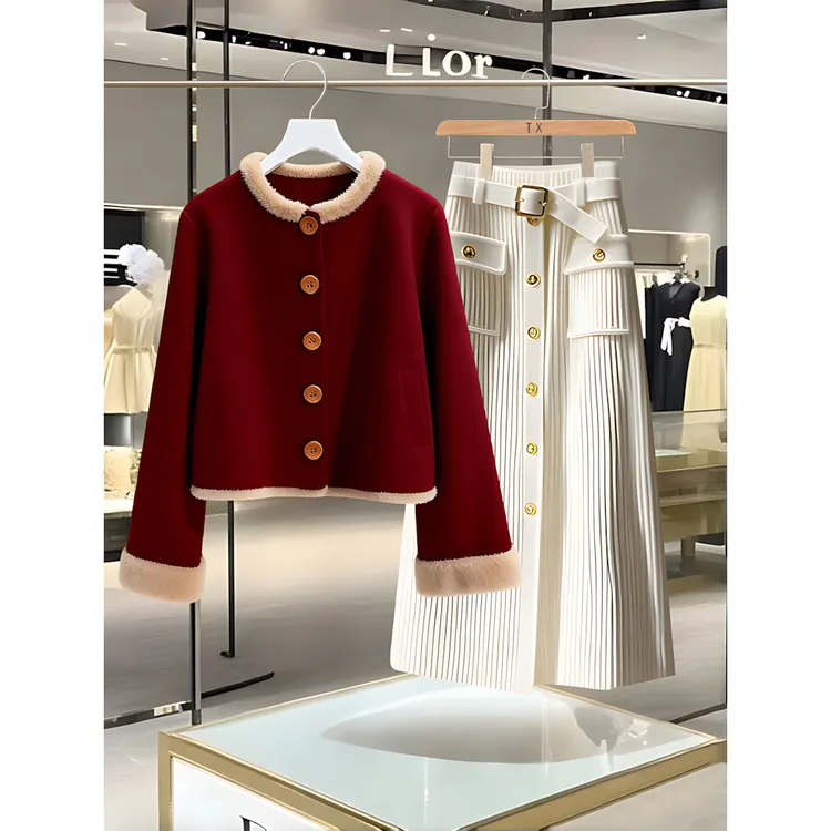 新中式国风高级感毛呢外套女装冬季2025新款白色a字半身裙两件套