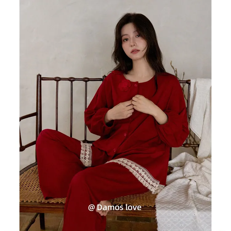 黛梦思新款红色睡衣女春秋纯棉长袖家居服秋季新婚结婚本命年套装