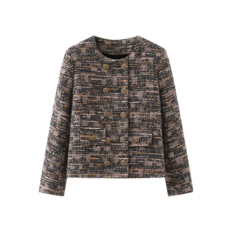 黑色高级感气质法式轻奢圆领双排扣假口袋小香风外套女春