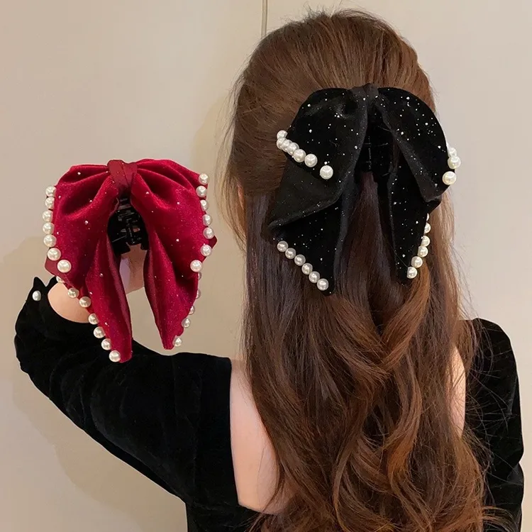 满天星丝绒蝴蝶结珍珠抓夹女轻奢高级感半扎发夹气质春冬爆款发饰