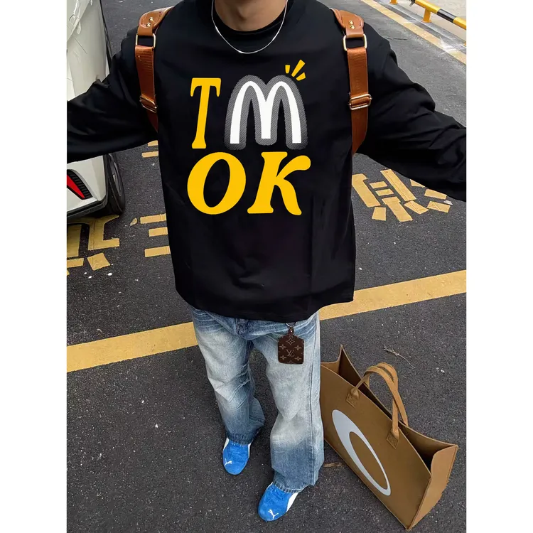 美式潮牌重磅纯棉长袖T恤男女同款百搭情侣装秋季圆领打底衫印花t