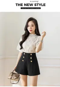(XI ZI女装）#6638休闲时尚高端百搭高腰显瘦排扣宽松A字阔腿短裤