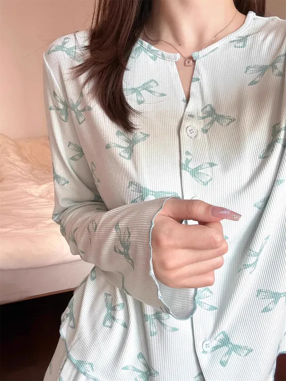 【DMXJ大梦想家】韩系蝴蝶结印花睡衣女春长袖裤亲肤舒适休闲家居服